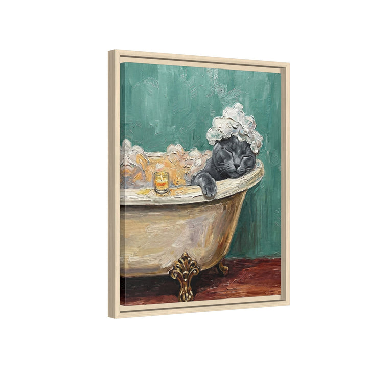 "Spa Day" - Solid Grey Vertical Framed Canvas - Cat Lover Wall Art