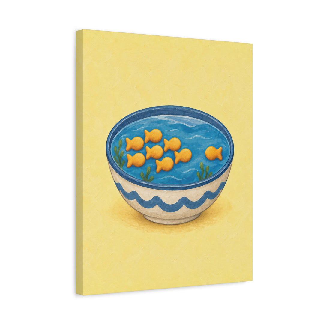 Fish Cracker School – Funny Kitchen Art with Crackers Swimming in a Bowl – Canvas Wall Art