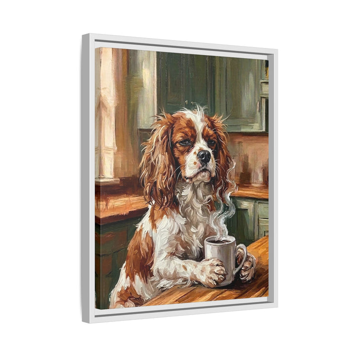 "Before Coffee" - Cavalier King Charles Vertical Framed Canvas - Dog Lover Wall Art