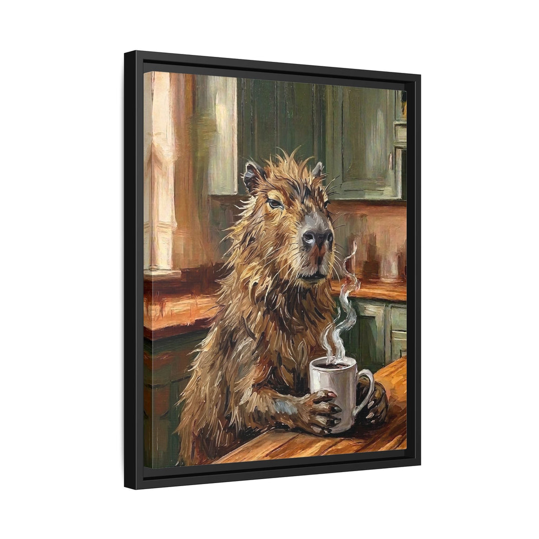 "Coffee & Silence" - Capybara Vertical Framed Canvas - Spirit Animal Wall Art