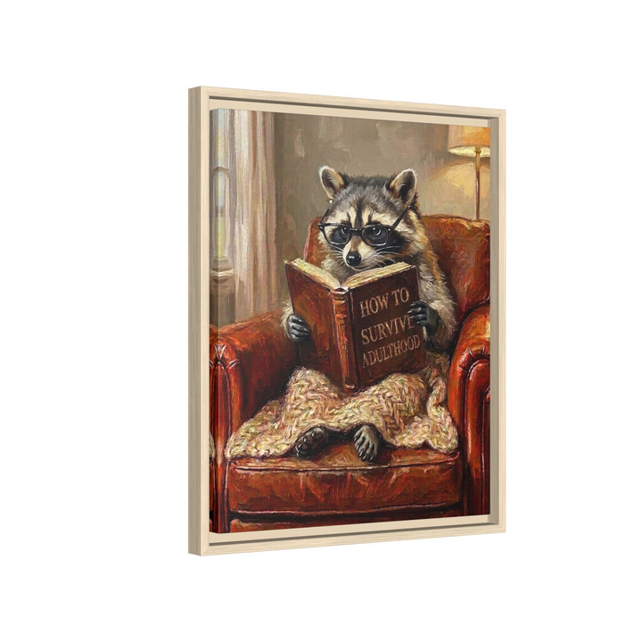 "Survive Adulthood" - Raccoon Vertical Framed Canvas - Spirit Animal Wall Art