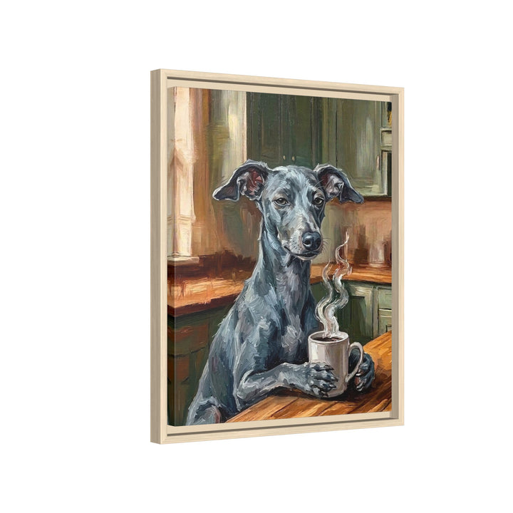 "Before Coffee" - Italian Greyhound Vertical Framed Canvas - Dog Lover Wall Art
