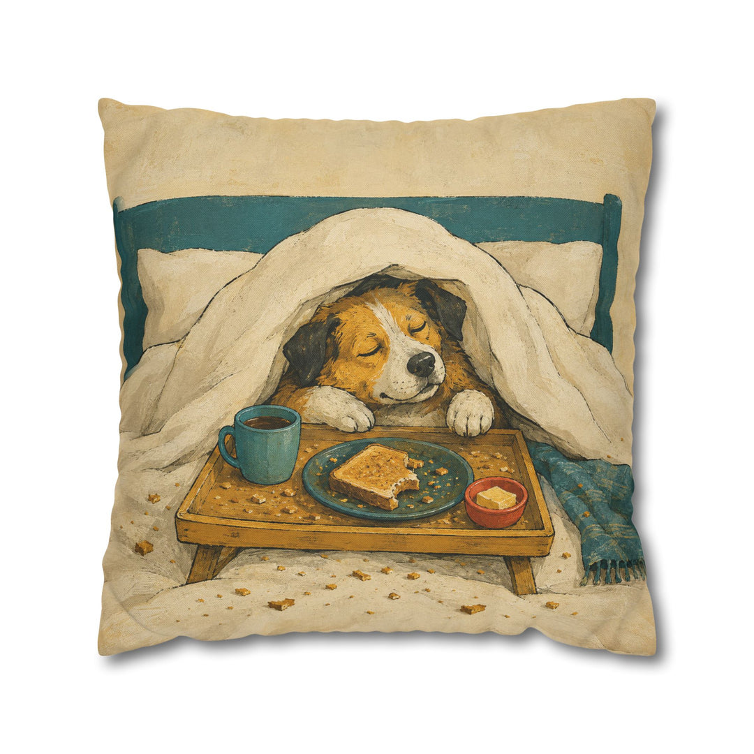 Breakfast in Bed – Funny Dog Art with a Duvet Tray and Toast Crumbs – Pillow / Cover