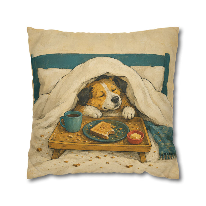 Breakfast in Bed – Funny Dog Art with a Duvet Tray and Toast Crumbs – Pillow / Cover