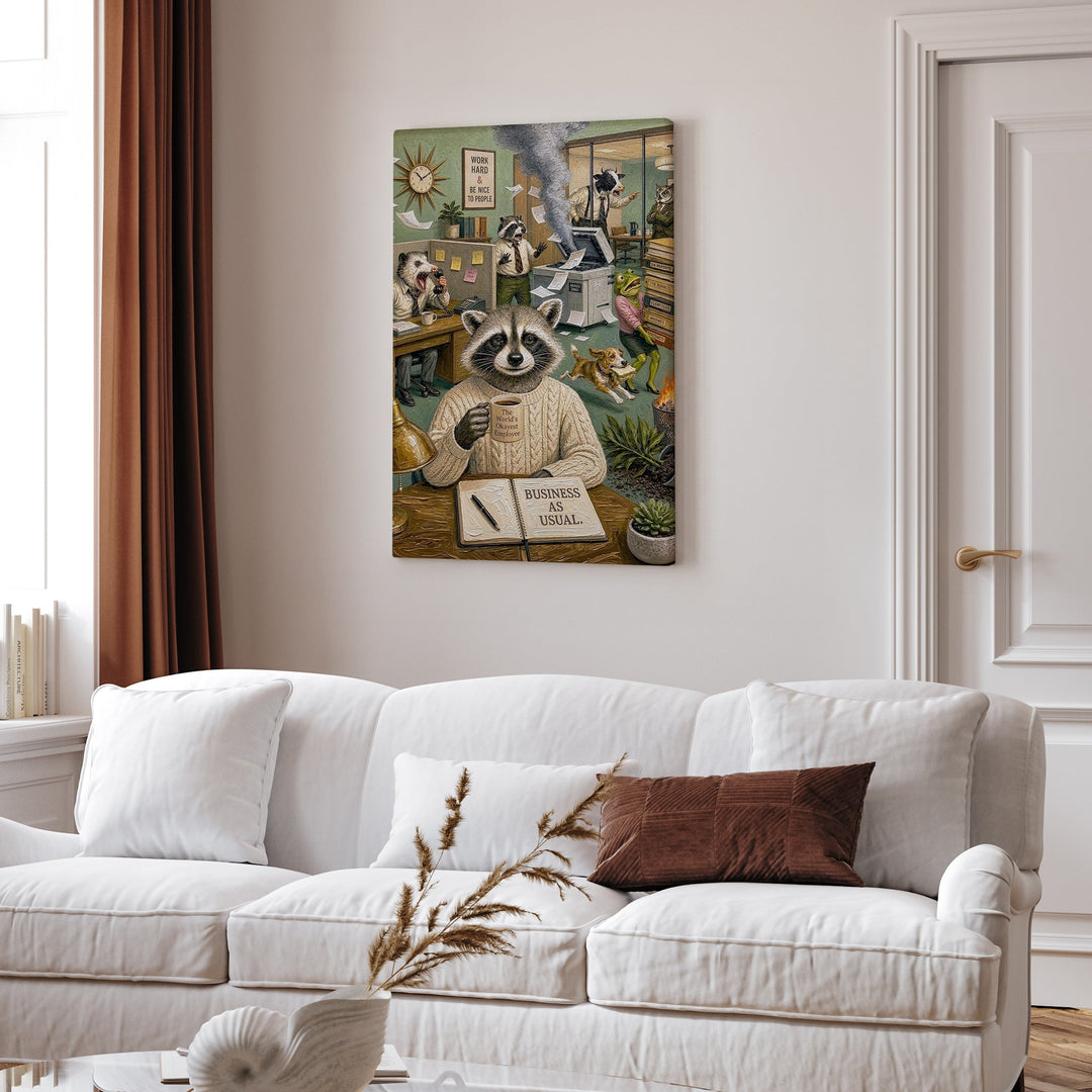 "Business As Usual" - Raccoon Vertical Canvas - Dark Burnout Humor Wall Art