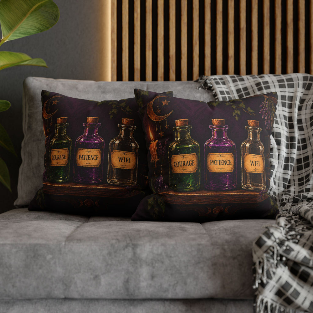 The Potion Shelf – Witchy Wall Art with Labeled Apothecary Bottles – Pillow / Cover