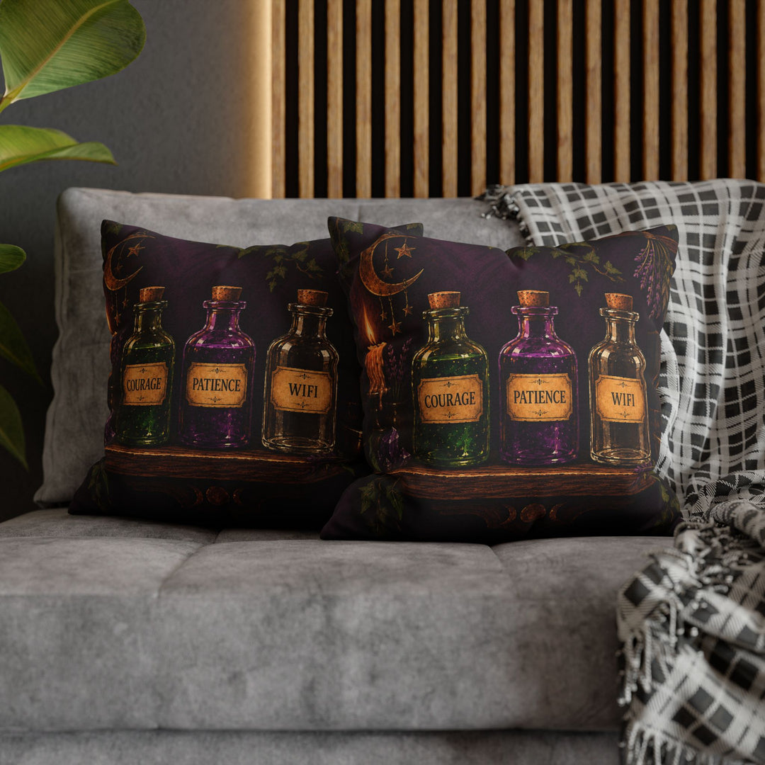 The Potion Shelf – Witchy Wall Art with Labeled Apothecary Bottles – Pillow / Cover