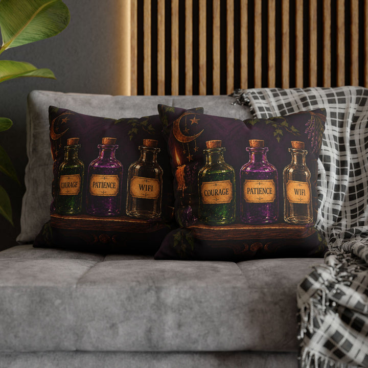 The Potion Shelf – Witchy Wall Art with Labeled Apothecary Bottles – Pillow / Cover