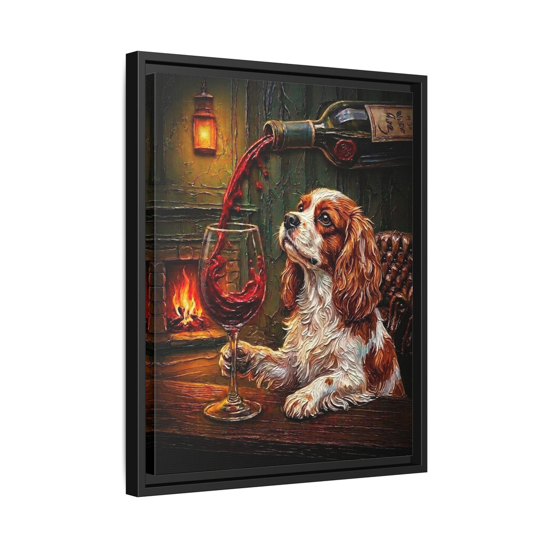 "Wine & Woof" - Cavalier King Charles Vertical Framed Canvas - Dog Lover Wall Art