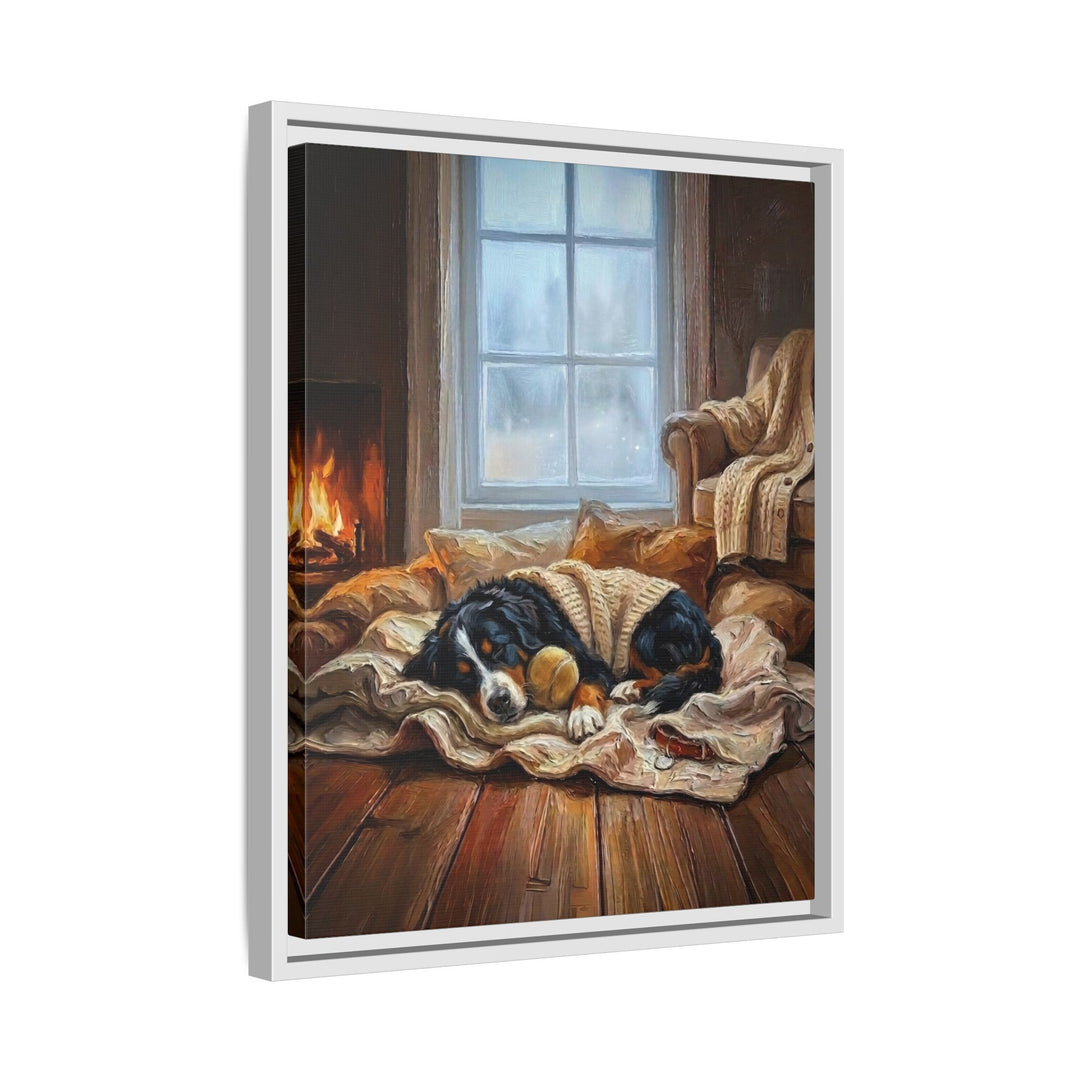 "Calm Memories" - Bernese Mountain Dog Vertical Framed Canvas - Dog Lover Wall Art