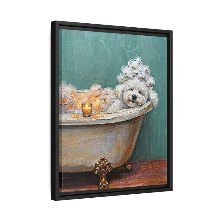 "Spa Day" - Bichon Frise Vertical Framed Canvas - Dog Lover Wall Art
