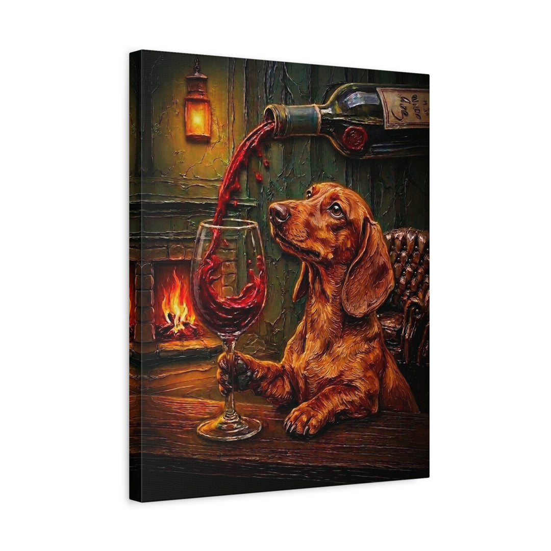 "Wine & Woof" - Dachshund Vertical Canvas - Dog Lover Wall Art