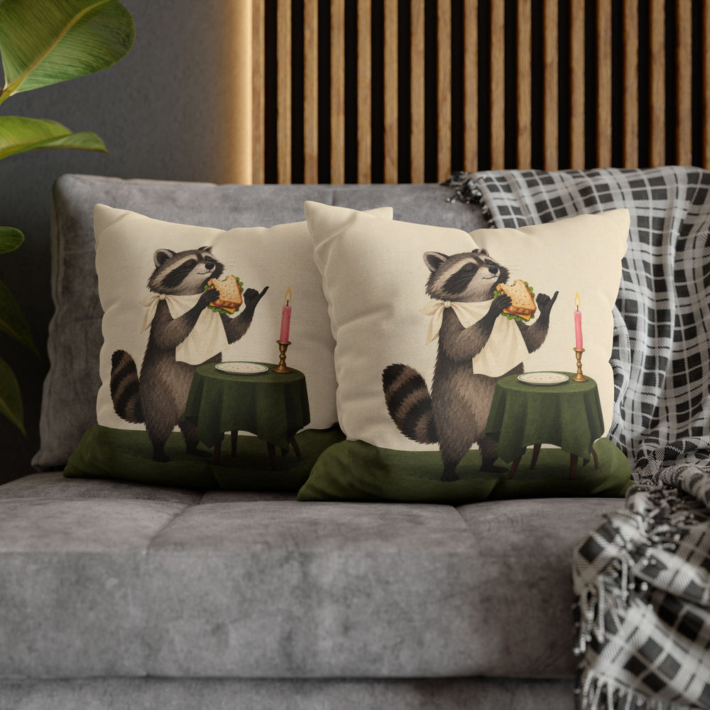 Gourmet Bandit – Raccoon Wall Art with a Candlelit Stolen Sandwich – Pillow / Cover