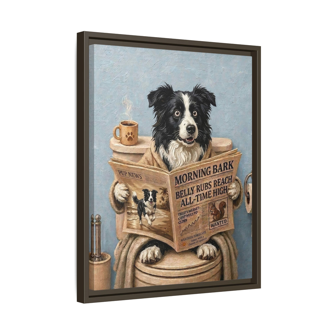 "Morning Business" - Border Collie Vertical Framed Canvas - Dog Lover Wall Art