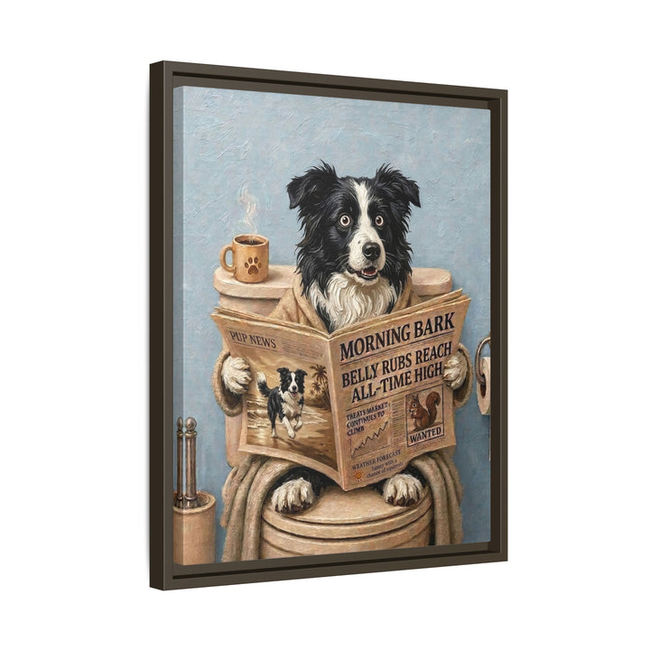 "Morning Business" - Border Collie Vertical Framed Canvas - Dog Lover Wall Art
