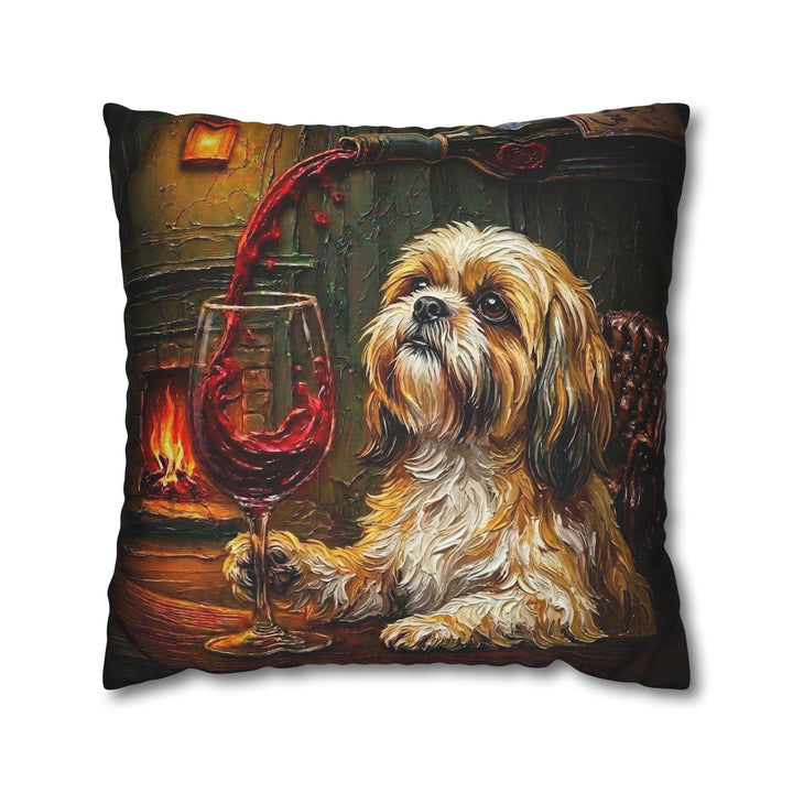"Wine & Woof" - Shih Tzu Throw Pillow - Dog Lover Home Decor