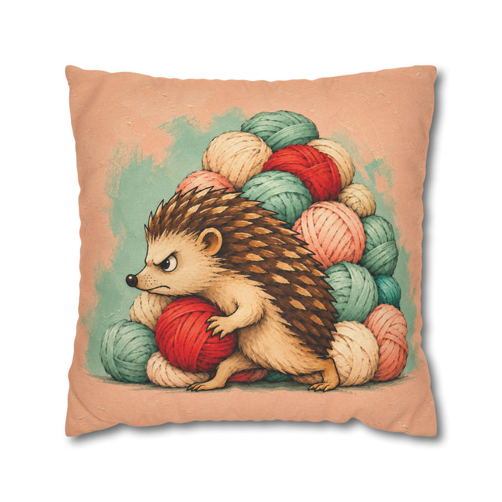 The Stash – Crochet Wall Art with a Hedgehog Guarding a Wool Hoard – Pillow / Cover