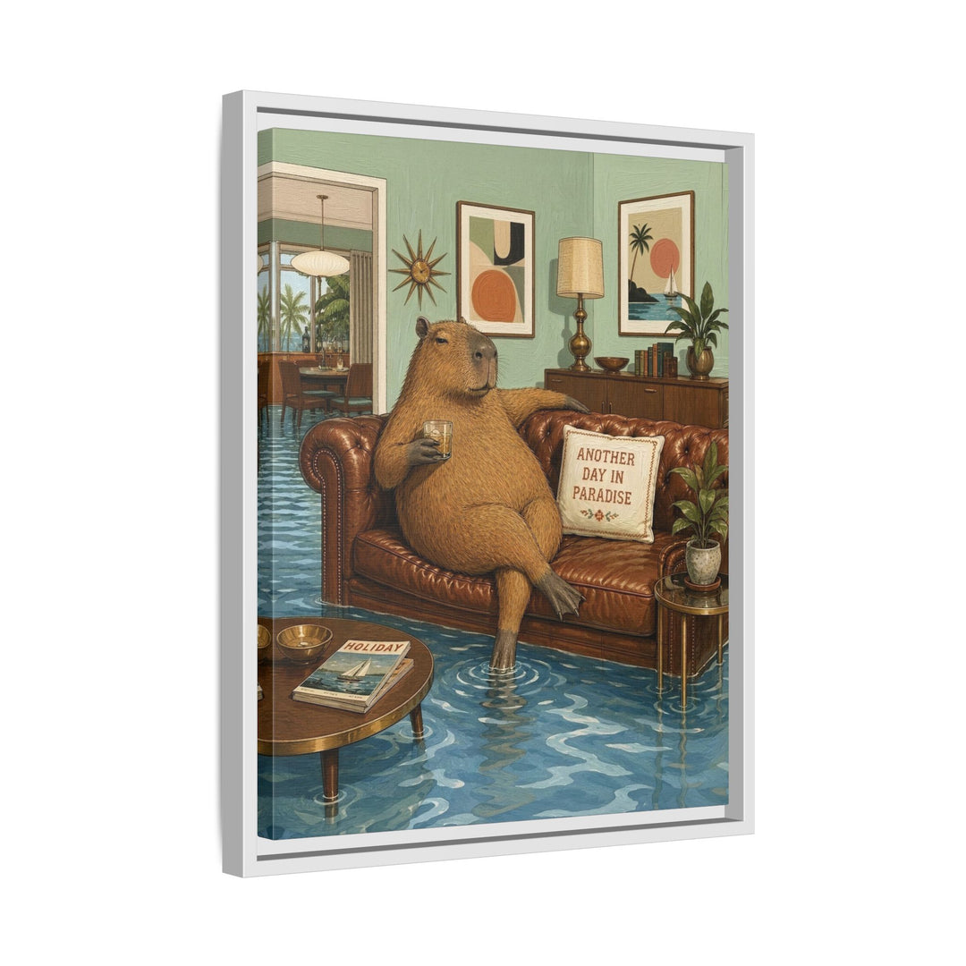 "Another Day in Paradise" - Capybara Vertical Framed Canvas - Dark Burnout Humor Wall Art