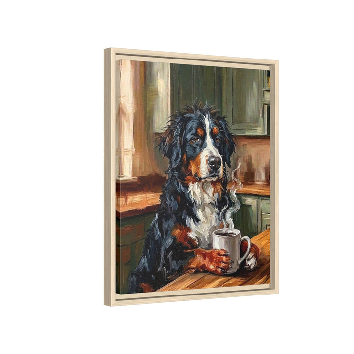 "Before Coffee" - Bernese Mountain Dog Vertical Framed Canvas - Dog Lover Wall Art
