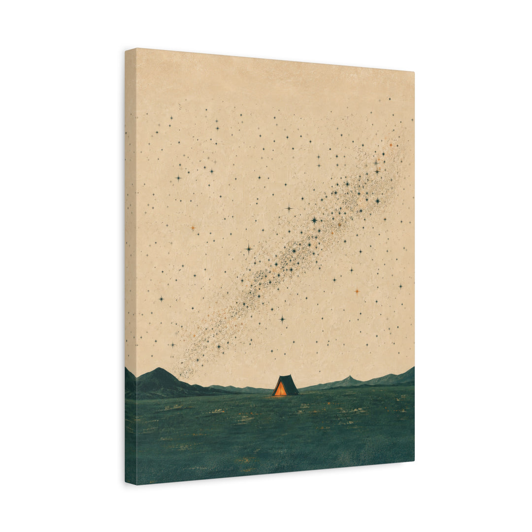 One Tent, Ten Thousand Stars – Outdoor Wall Art with a Glowing Shelter at Night – Canvas / Framed Canvas