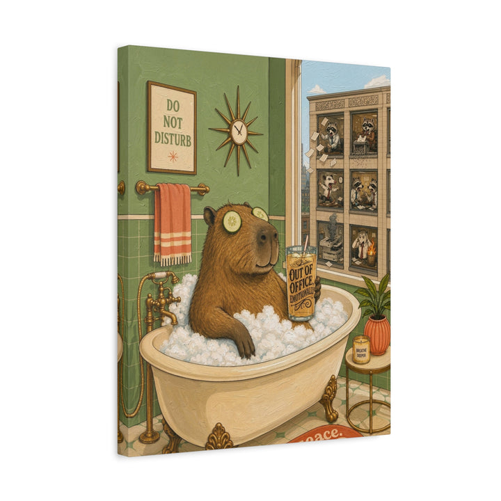 "Out of Office Emotionally" - Capybara Vertical Canvas - Dark Burnout Humor Wall Art