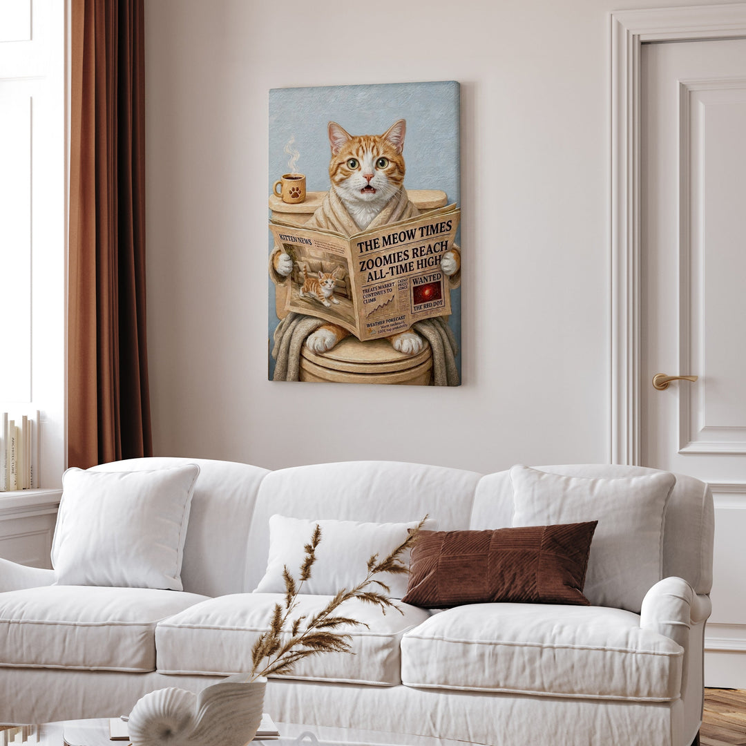"Morning Business" - Orange & White Tabby Vertical Canvas - Cat Lover Wall Art