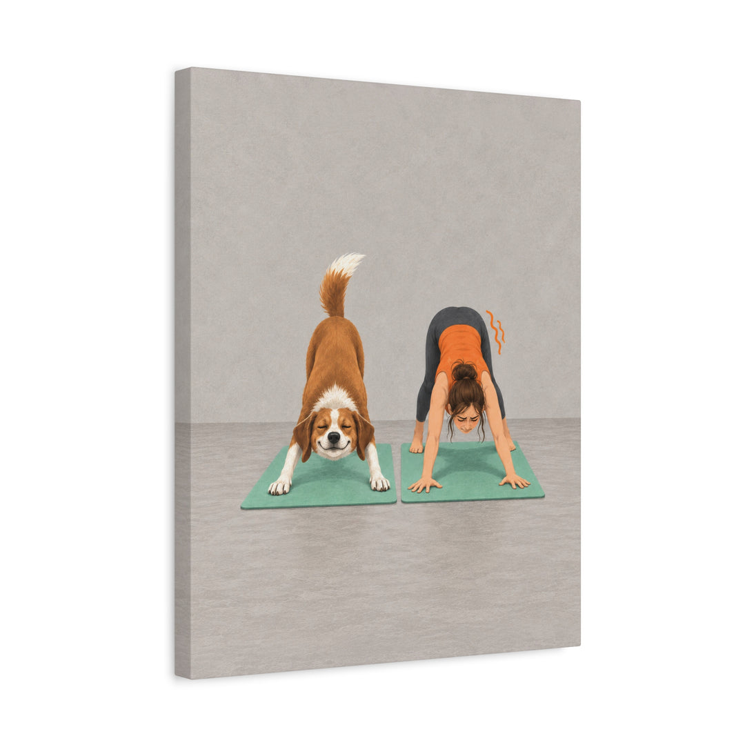 Downward Dog, Literal – Yoga Wall Art with a Flawless Pose Beside a Wobble – Canvas / Framed Canvas