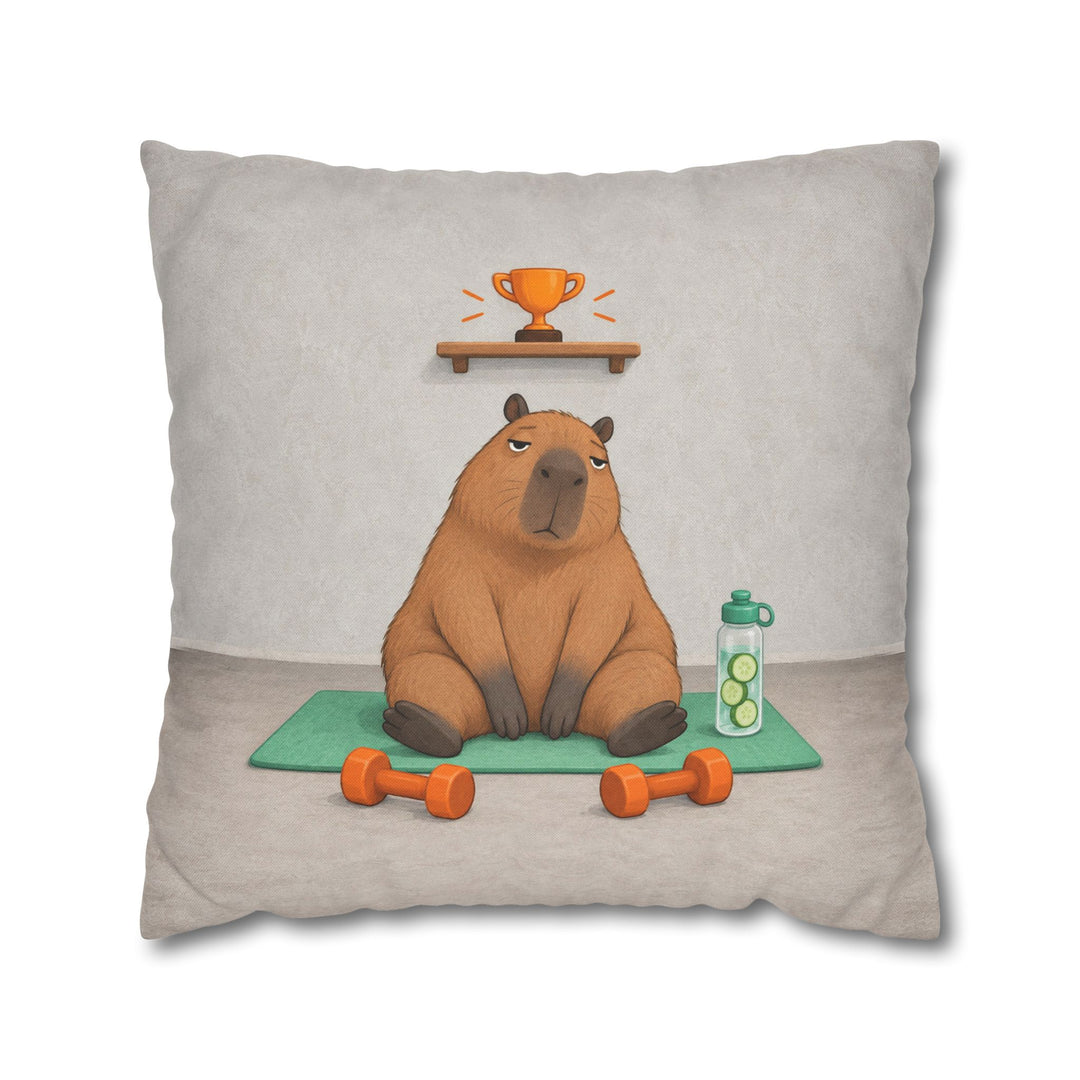 Rest Day Champion – Gym Decor with a Capybara Beside Untouched Weights – Pillow / Cover