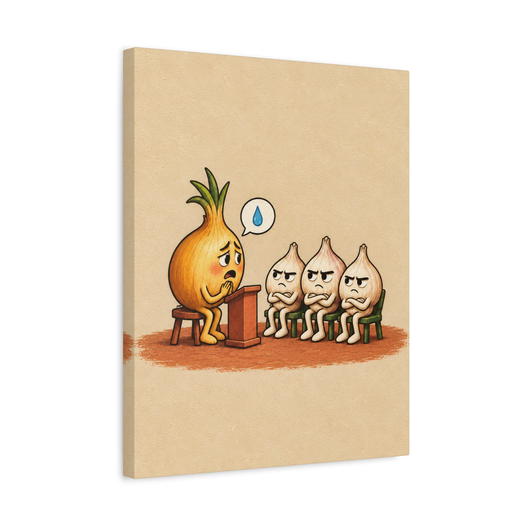 The Onion's Side of the Story – Funny Kitchen Art with a Podium and a Tearful Plea – Canvas / Framed Canvas