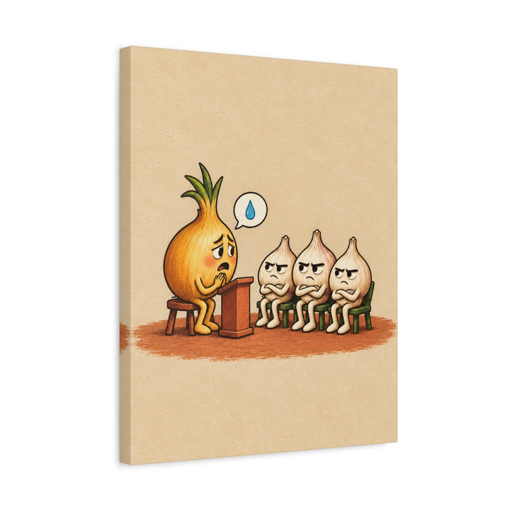 The Onion's Side of the Story – Funny Kitchen Art with a Podium and a Tearful Plea – Canvas / Framed Canvas