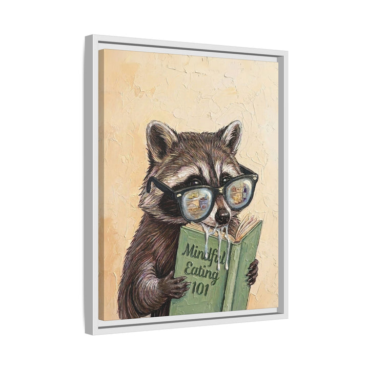 "Mindful Eating" - Raccoon Vertical Framed Canvas - Animal Book Humor Wall Art
