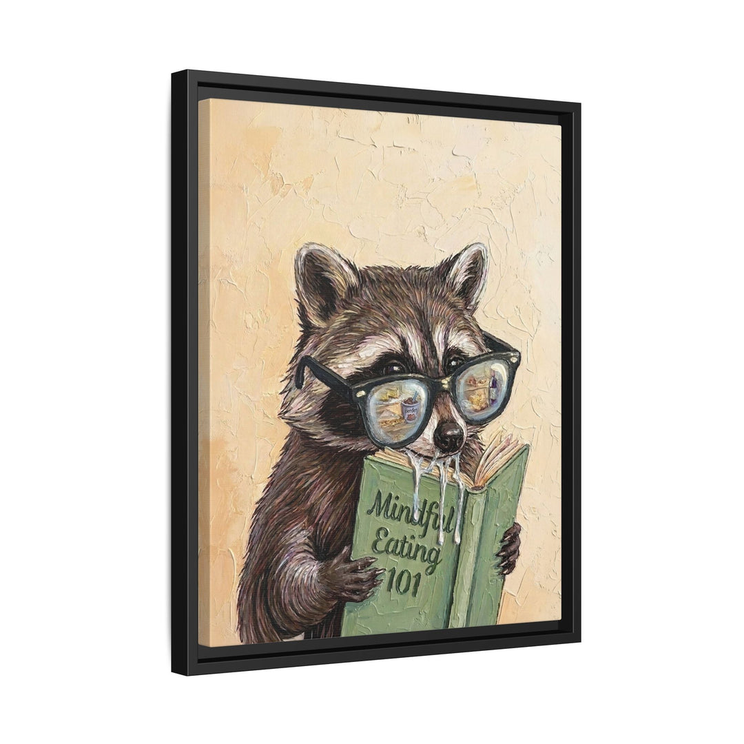 "Mindful Eating" - Raccoon Vertical Framed Canvas - Animal Book Humor Wall Art