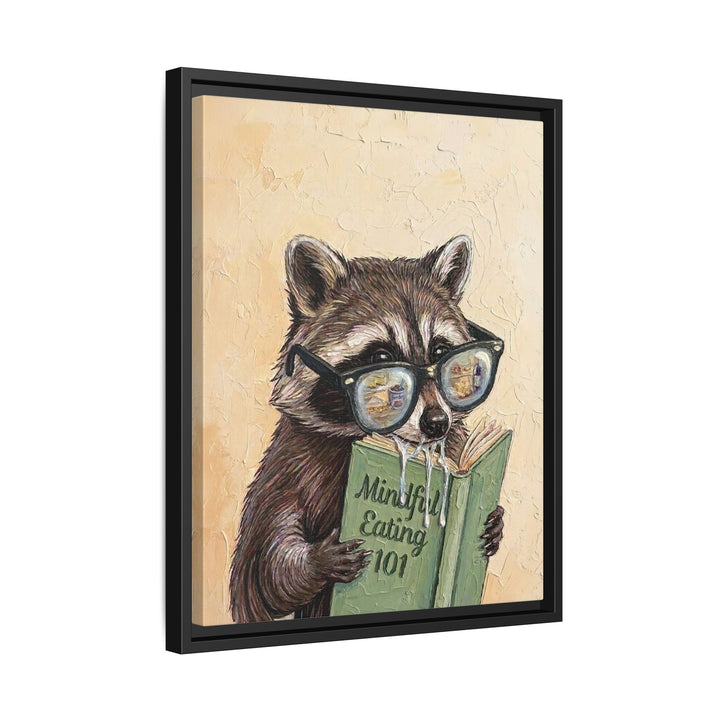 "Mindful Eating" - Raccoon Vertical Framed Canvas - Animal Book Humor Wall Art