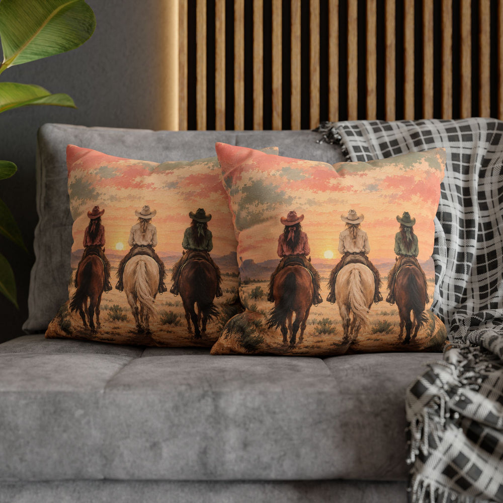 Dawn Ride, Backs Turned – Cowgirl Wall Art with Three Riders at First Light – Pillow / Cover