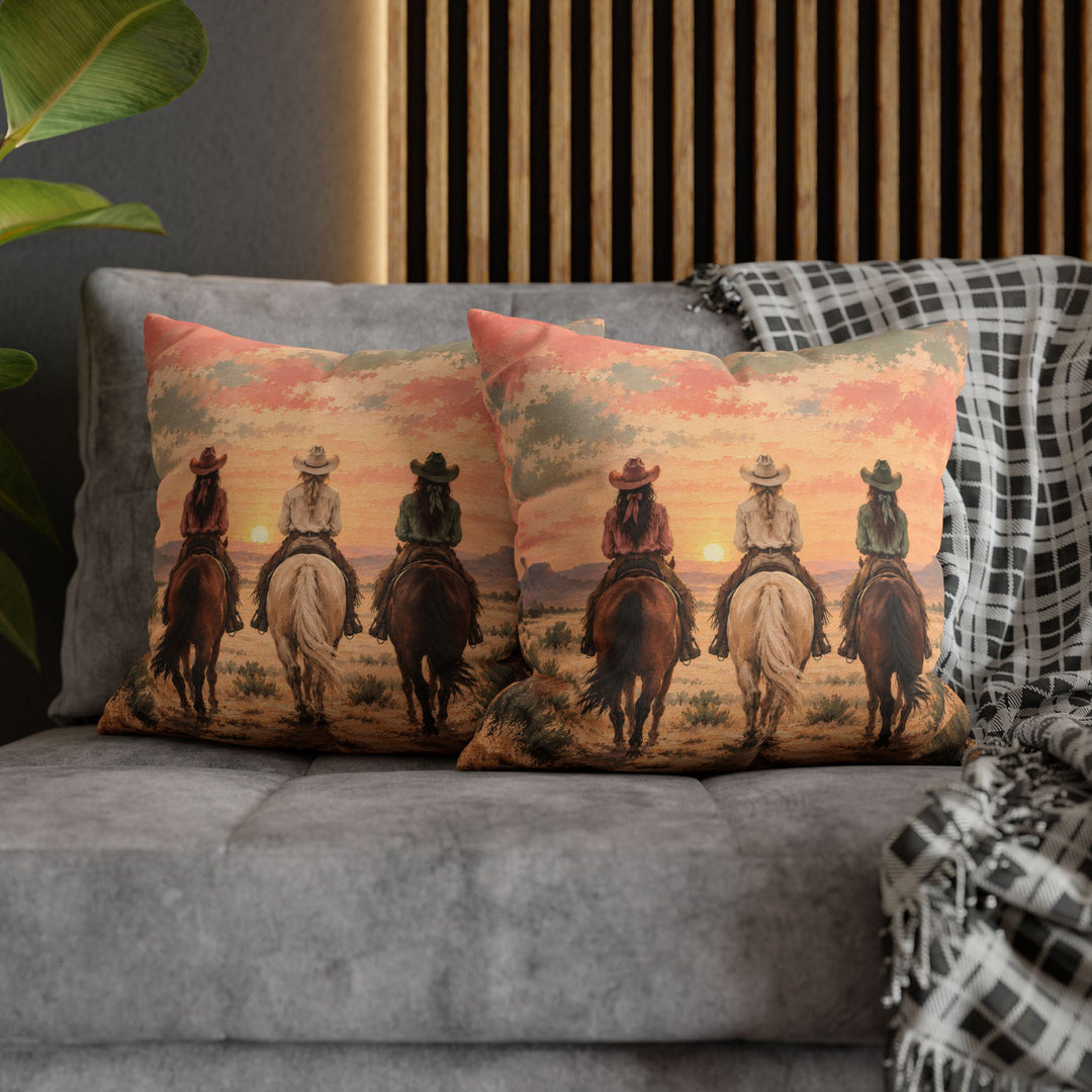 Dawn Ride, Backs Turned – Cowgirl Wall Art with Three Riders at First Light – Pillow / Cover