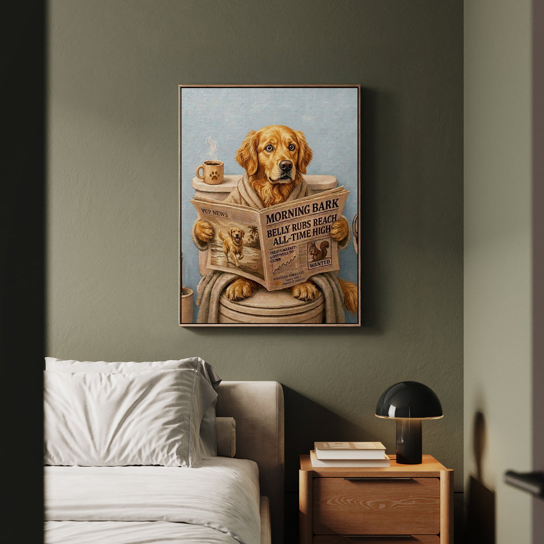 "Morning Business" - Golden Retriever Vertical Framed Canvas - Dog Lover Wall Art