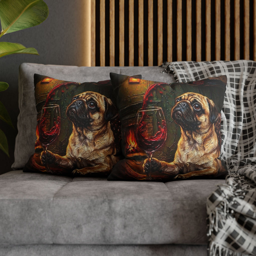 "Wine & Woof" - Pug Throw Pillow - Dog Lover Home Decor