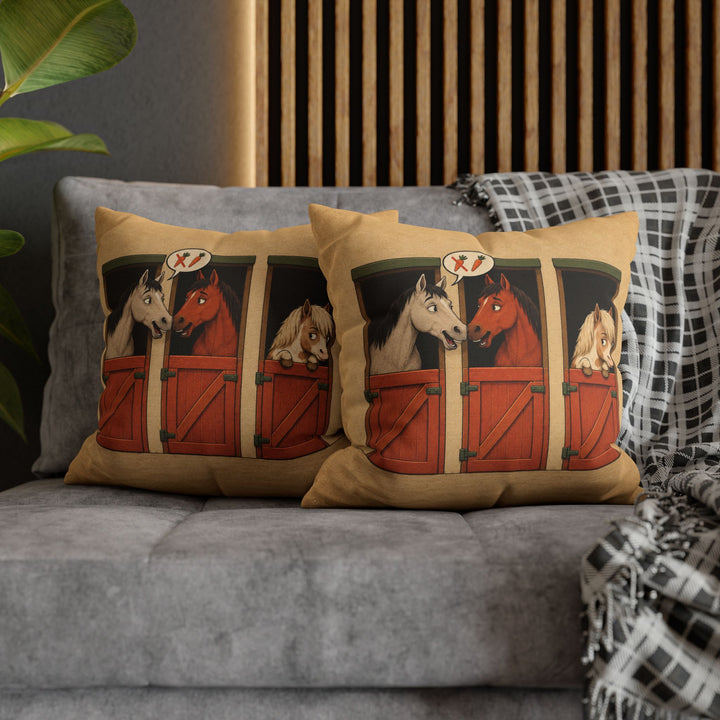 Stable Gossip – Horse Art with Two Stall Doors and a Rumor – Pillow / Cover