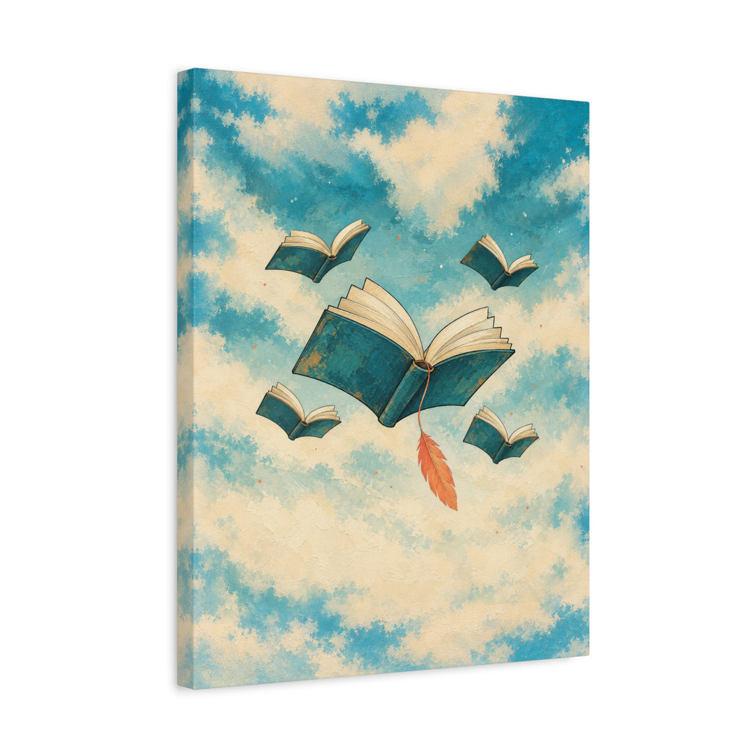 Floating Library – Whimsical Wall Art with Open Books Drifting at Dusk – Canvas / Framed Canvas