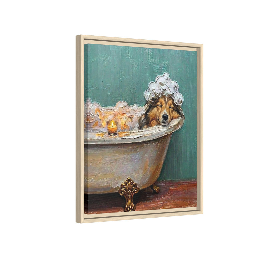 "Spa Day" - Shetland Sheepdog Vertical Framed Canvas - Dog Lover Wall Art