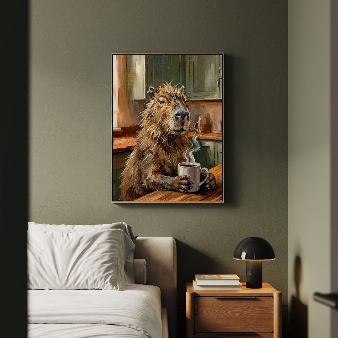 "Coffee & Silence" - Capybara Vertical Framed Canvas - Spirit Animal Wall Art