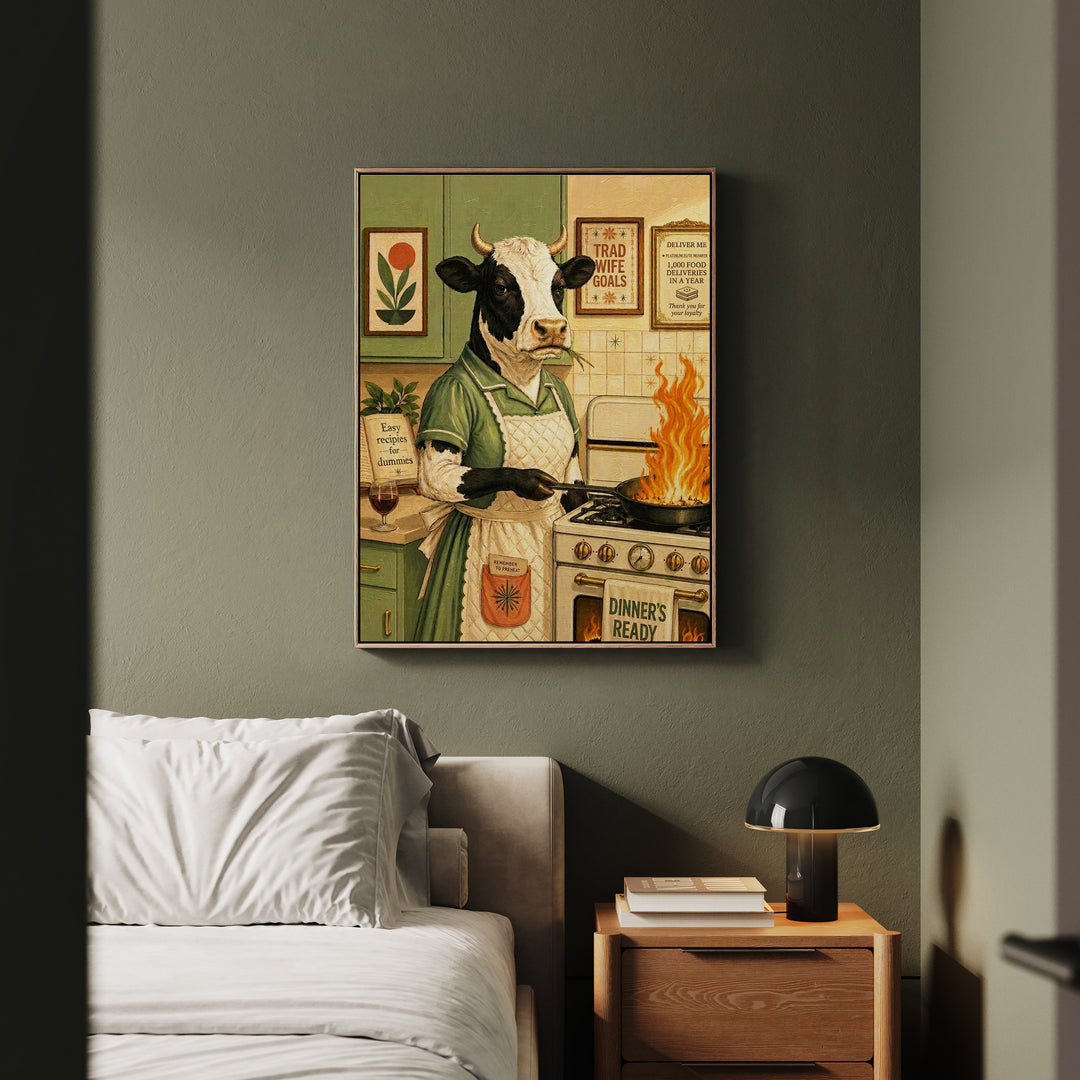 "Trad Wife Goals" - Cow Vertical Framed Canvas - Dark Burnout Humor Wall Art