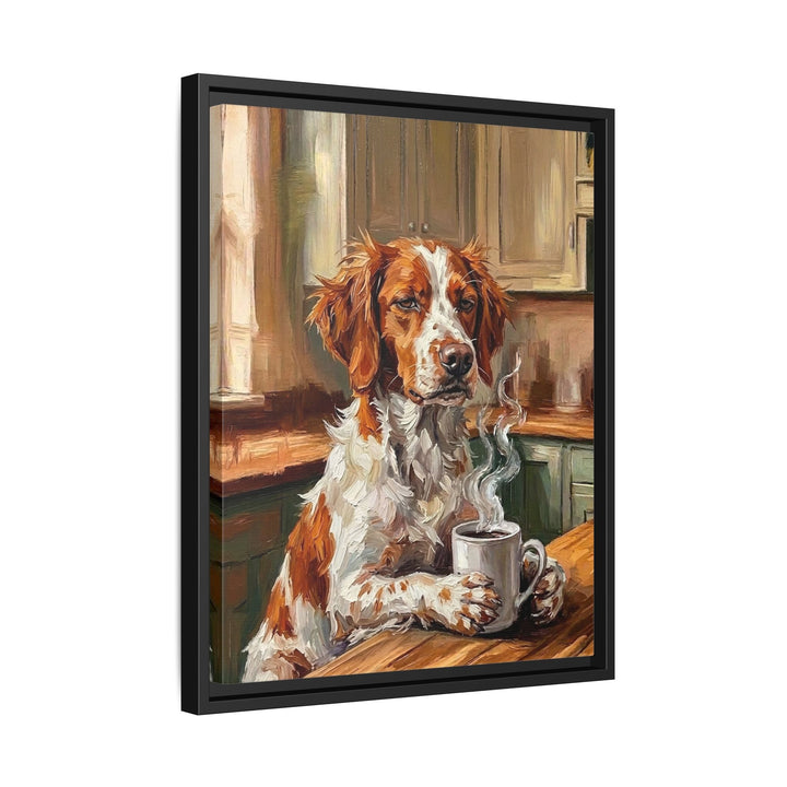 "Before Coffee" - Brittany Spaniel Vertical Framed Canvas - Dog Lover Wall Art