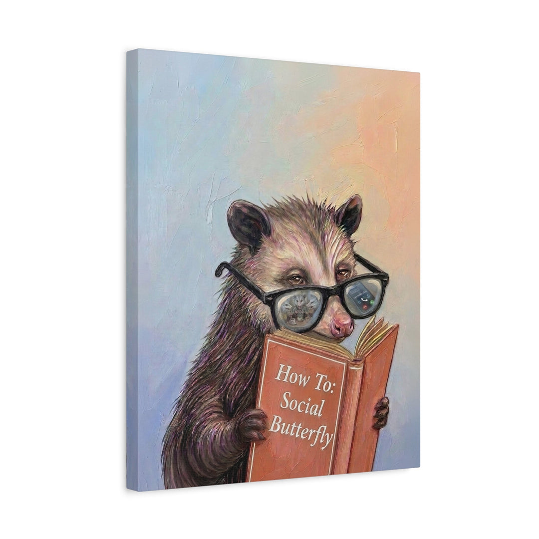 "How To Social Butterfly" - Opossum Vertical Canvas - Animal Book Humor Wall Art