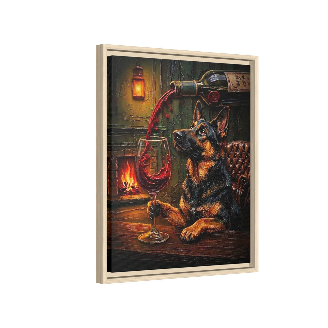 "Wine & Woof" - German Shepherd Vertical Framed Canvas - Dog Lover Wall Art