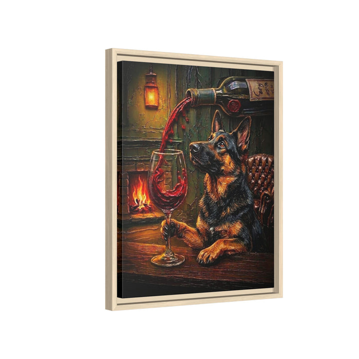 "Wine & Woof" - German Shepherd Vertical Framed Canvas - Dog Lover Wall Art