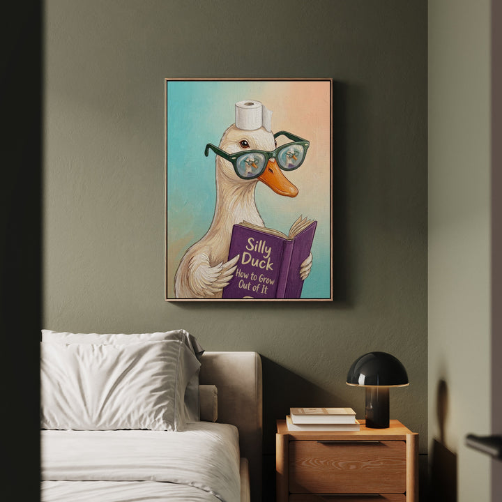 "Silly Duck" - Duck Vertical Framed Canvas - Animal Book Humor Wall Art