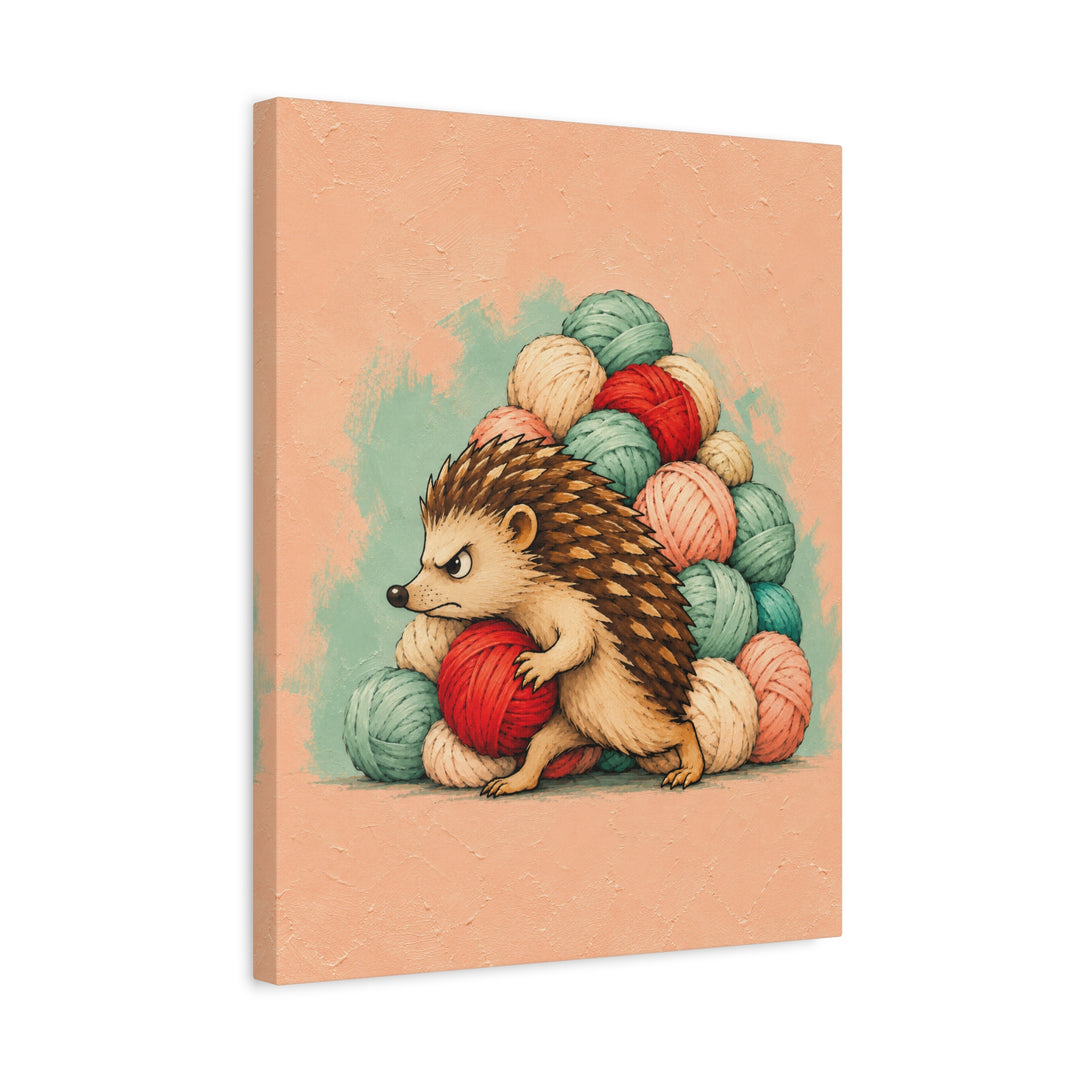 The Stash – Crochet Wall Art with a Hedgehog Guarding a Wool Hoard – Canvas / Framed Canvas