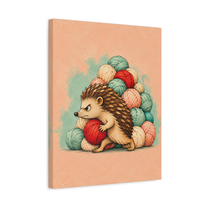 The Stash – Crochet Wall Art with a Hedgehog Guarding a Wool Hoard – Canvas / Framed Canvas