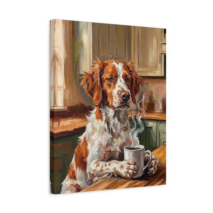 "Before Coffee" - Brittany Spaniel Vertical Canvas - Dog Lover Wall Art